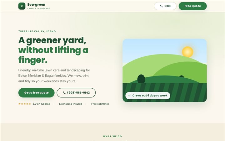 Evergreen Lawn and Landscape, a light, green landscaping landing page