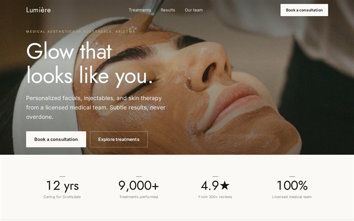 Lumière Aesthetics, a clinical-minimal med spa landing page