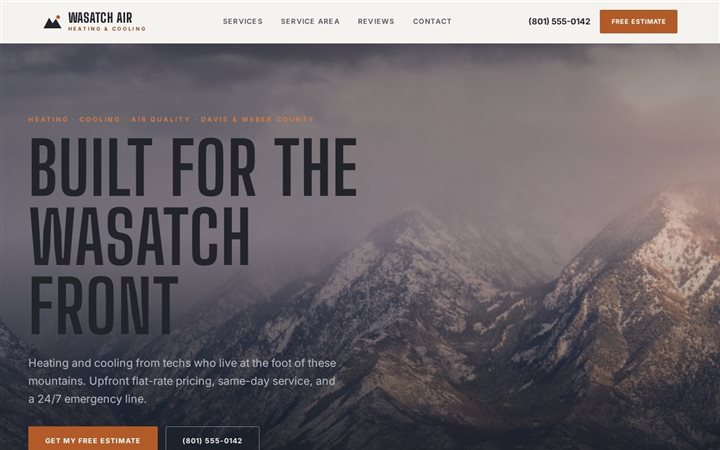 Wasatch Air, an alpine granite-and-copper HVAC landing page